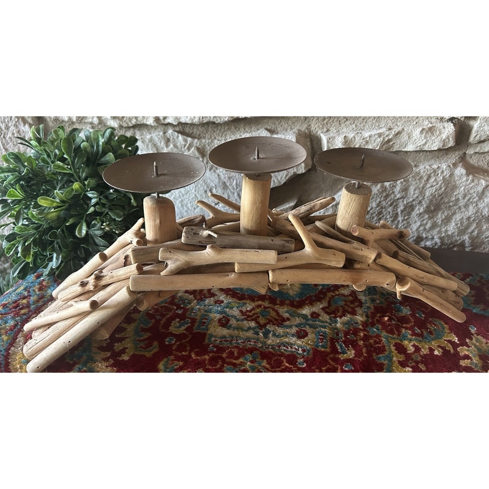 Rustic Fall Driftwood 3 Candle Holder Cottage Beach Thanksgiving Decor 18"x7.25"